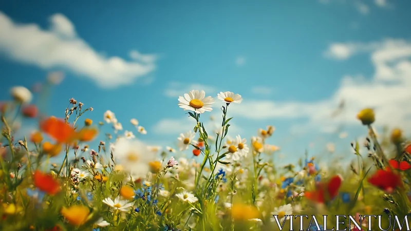 Wildflower meadow with white daisies centered in sunlit field.