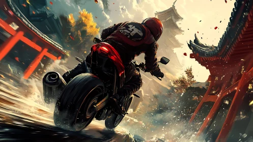 Motorcyclist racing through stormy neon temple district at dusk.