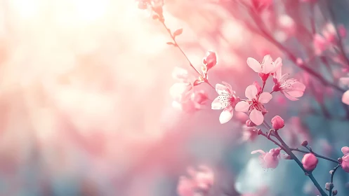 Cherry blossoms with butterfly in soft pink light.