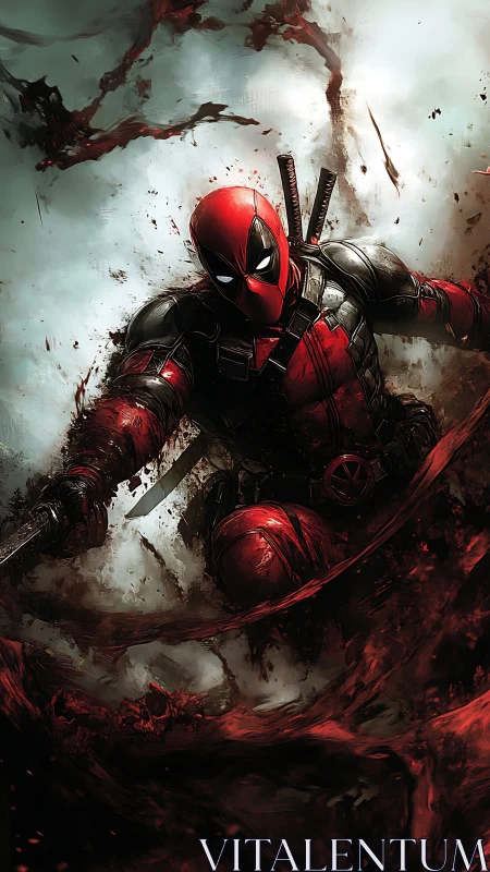 Masked red-suited swordsman cuts through swirling dark debris