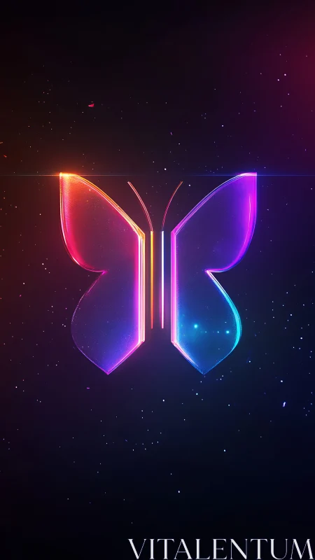Neon cosmos butterfly icon glowing in deep starry void.