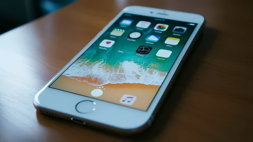 White iPhone on Wood Table with App Interface.
