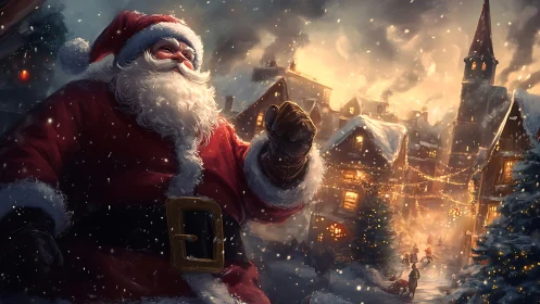 Digital painting of Santa in luminous winter village scene.