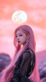 Side profile of pink haired woman under large full moon.
