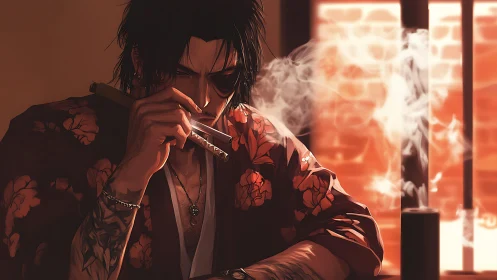 Brooding swordsman smokes in warm, smoke‑filled light.