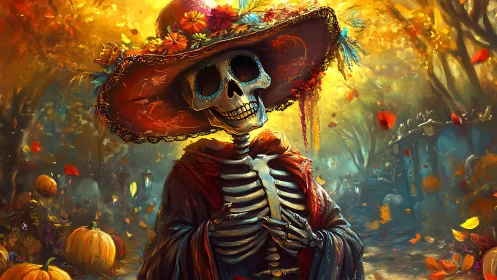 Elegant skeleton in floral hat walks through glowing autumn graveyard