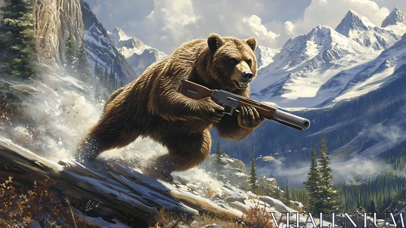 Mountain grizzly commando charging through alpine snowfields.