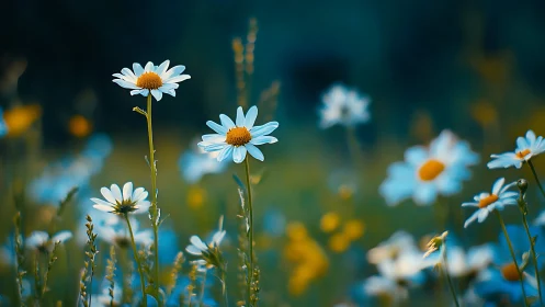 White daisies blooming against blurred teal meadow backdrop.