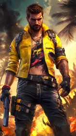 Scarred renegade in yellow jacket storms the burning tropics.