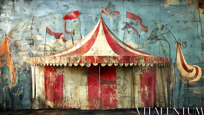 Weathered red and white circus tent against blue wall.