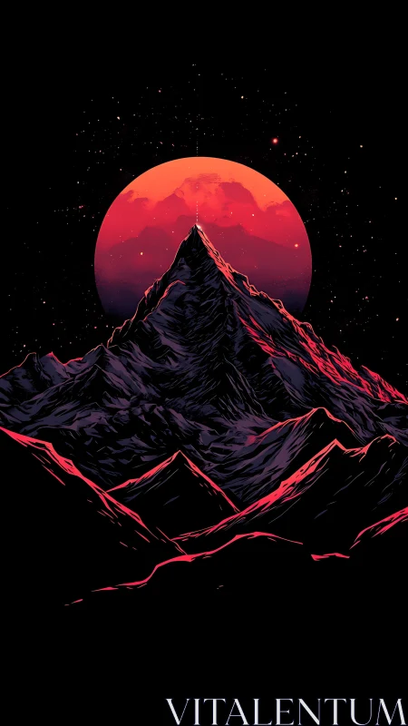 Midnight mountain peak glows beneath a bold red moon