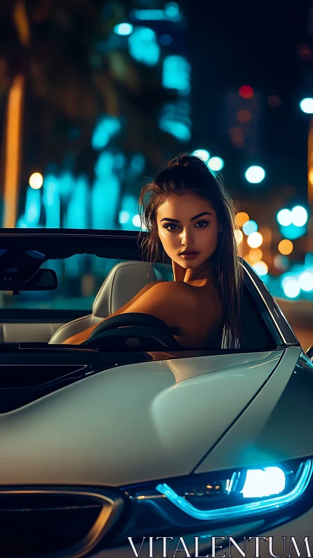 Nocturnal portrait unites driver, luxury cabriolet and bokeh neon glow