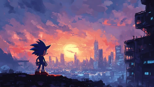 Silhouetted blue figure observing dense city sunset skyline.