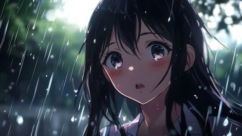Girl stands in summer rain with wide, tear-bright eyes