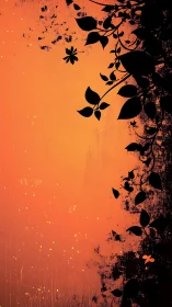 Silhouette foliage against textured orange abstract field.