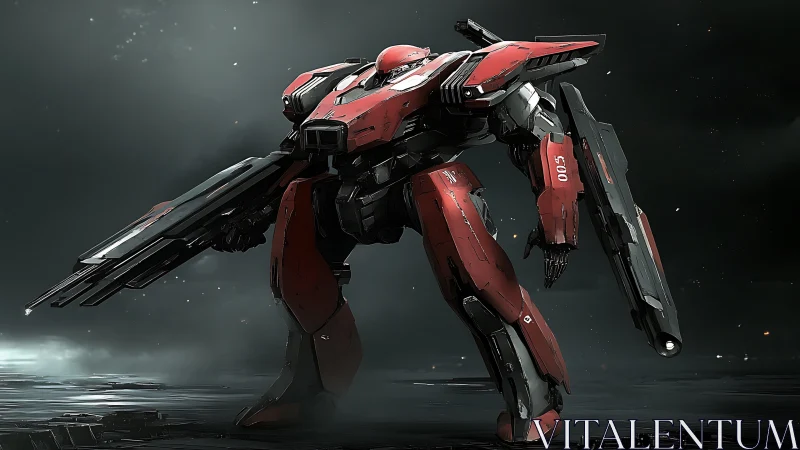 Crimson war mech prowls a stormlit battlefield of steel dusk.