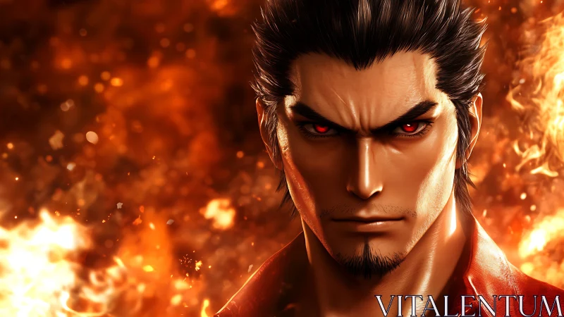 Fierce red eyed warrior stands strong in swirling blazing fire