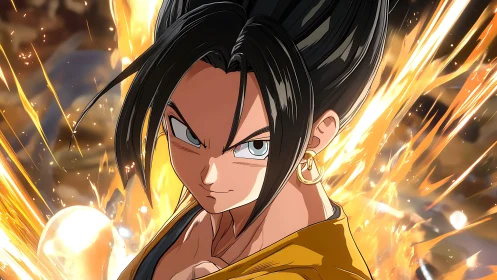 Fiery anime warrior stands confident in blazing golden power