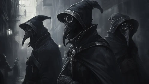 Plague doctor figures in dark narrow alleyway at night.