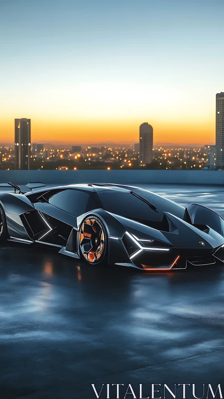 Futuristic black sports car on rooftop at urban sunset.