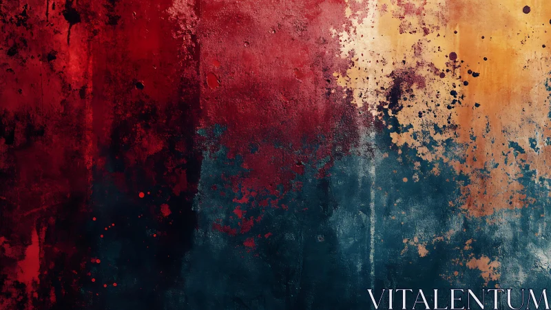 Abstract textured wall art with bold red, blue, and yellow splashes.