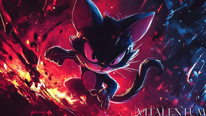 Defiant neon cat hero stalks through a blazing inferno