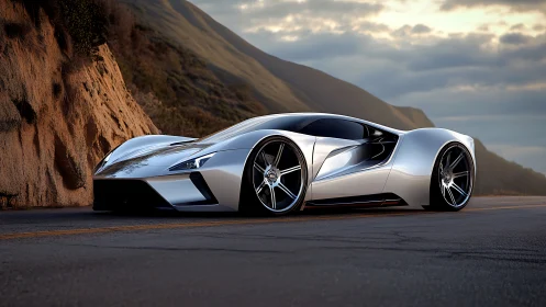 Futuristic silver hypercar hugs coastal highway at low angle