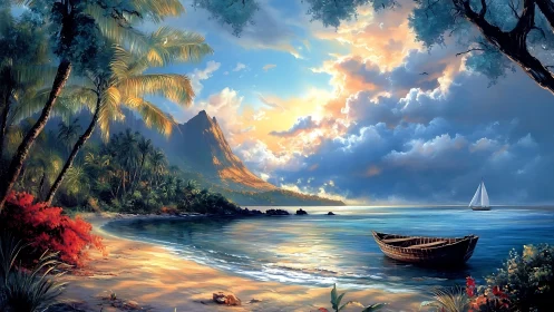 Sunlit tropical cove with mountain backdrop and moored rowboat