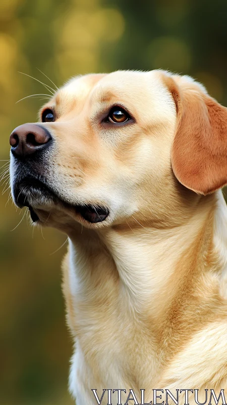 Photorealistic portrait of golden Labrador in soft bokeh light.