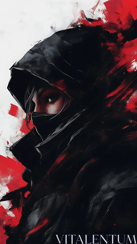 Hooded masked figure rendered in stark red, black and white