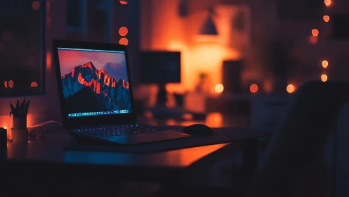 Soft evening workspace glows around a laptop’s mountain view