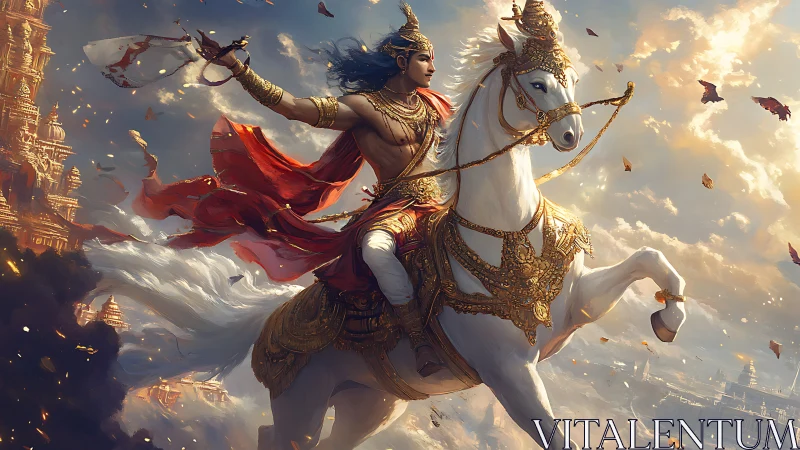 Skyborne warrior prince on radiant white warhorse ascends.