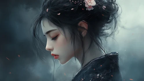 Profile portrait of young woman with floral hair adornment.