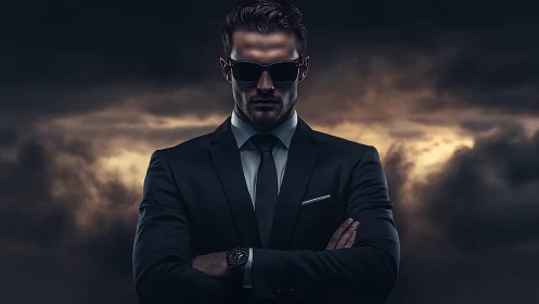 Confident man in dark suit stands powerful against stormy sky