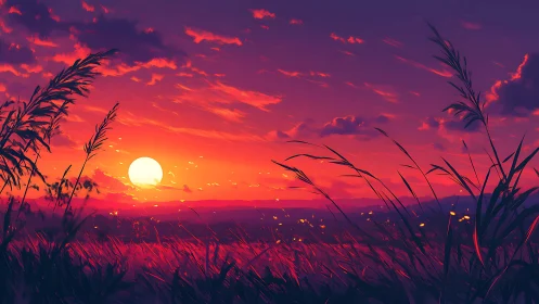 Sunset sky dominates vibrant digital grassland landscape