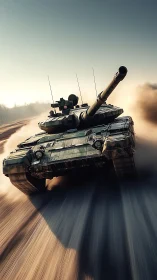 Powerful armored tank thundering down a dusty open road.