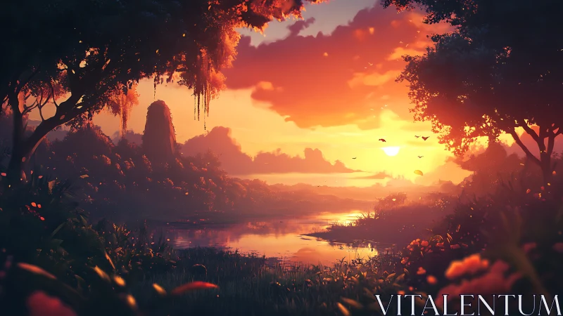 Radiant jungle river at cinematic golden sunset glow.