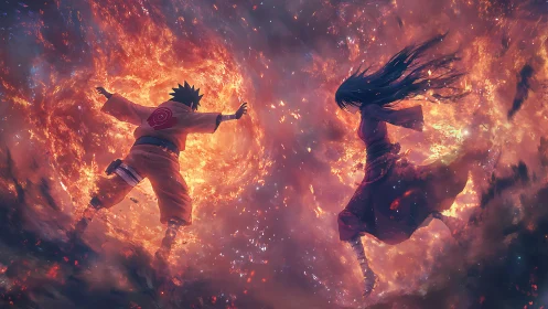 Opposed figures suspended before rotating fiery vortex field.