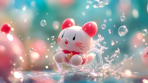 Playful kitty toy splashing through a dreamy bubble pond.