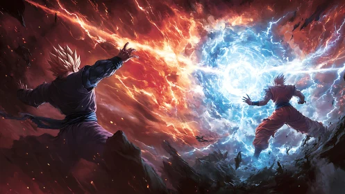 Opposed energy fighters amid red and blue vortex clash.