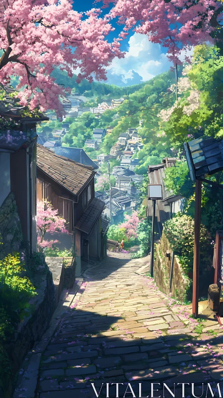 Stone path descends between houses toward distant hillside town