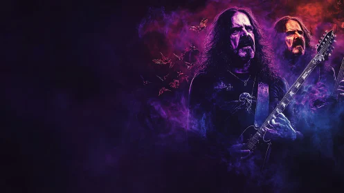 Triadic metal guitarist in nebular violet and crimson haze.