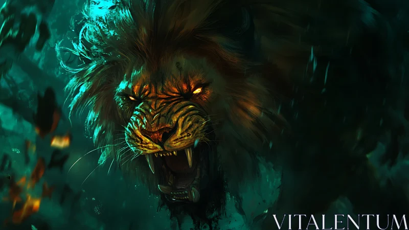 Fierce glowing-eyed lion roaring through emerald shadows.