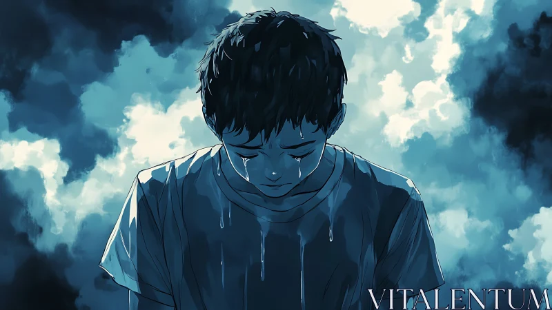 Moody blue digital portrait studies grief with controlled lighting