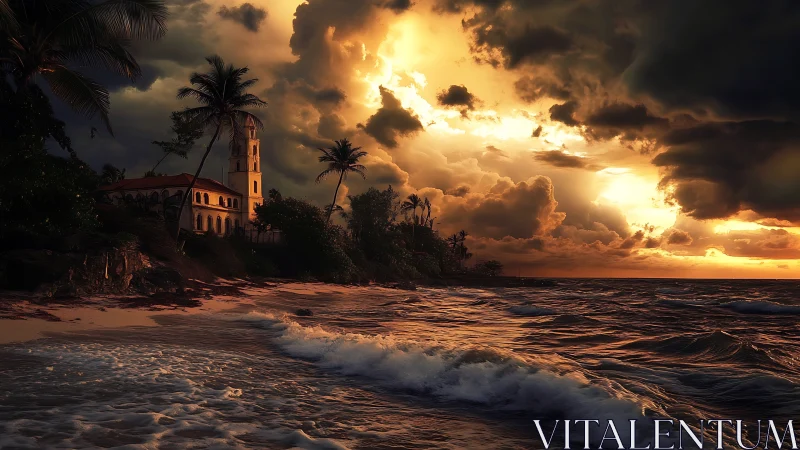 Coastal church with palm trees under stormy sunset sky.