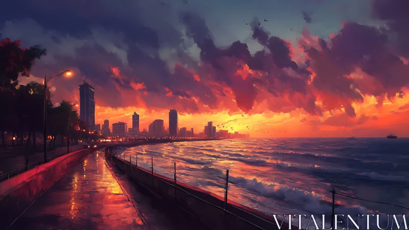 Sunset boulevard meets stormlit sea along neon city shore.