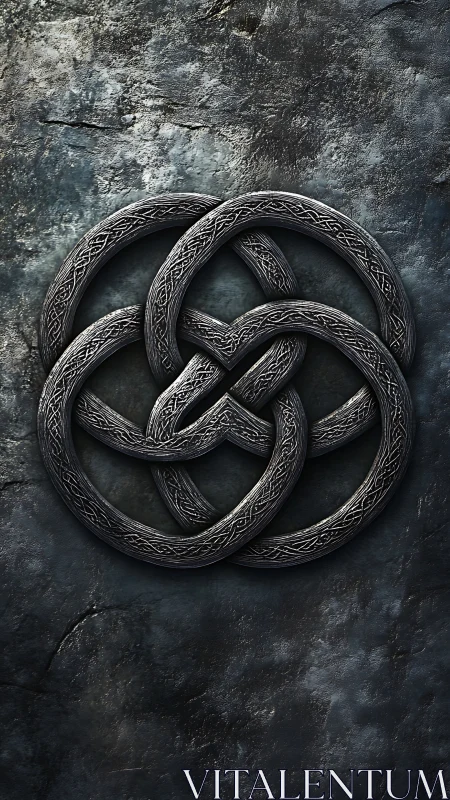 Interlaced metallic knot emblem on textured stone background.