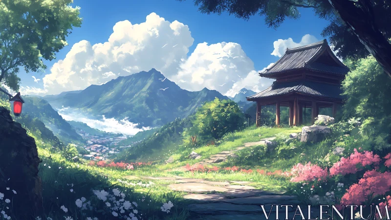 Sunlit mountain shrine overlooks a tranquil valley village