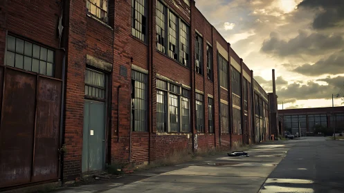 Sunset broods over rust-bricked abandoned factory row.
