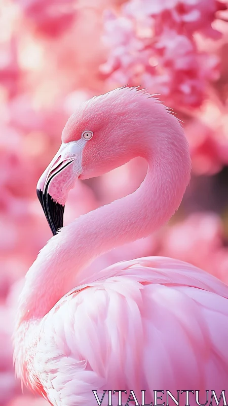 Soft pink flamingo posing in dreamy cotton-candy light.